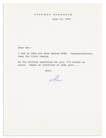 SONDHEIM, STEPHEN. Small archive of 7 Typed Letters Signed, "Steve" or "Stephen Sondheim" or "S," to press agent Daniel Langen or OCEE